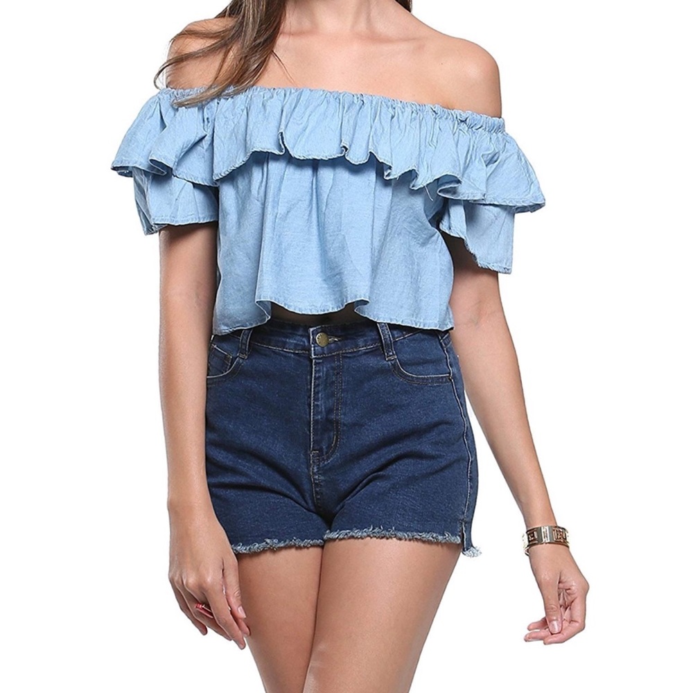 Off shoulder tiered denim top